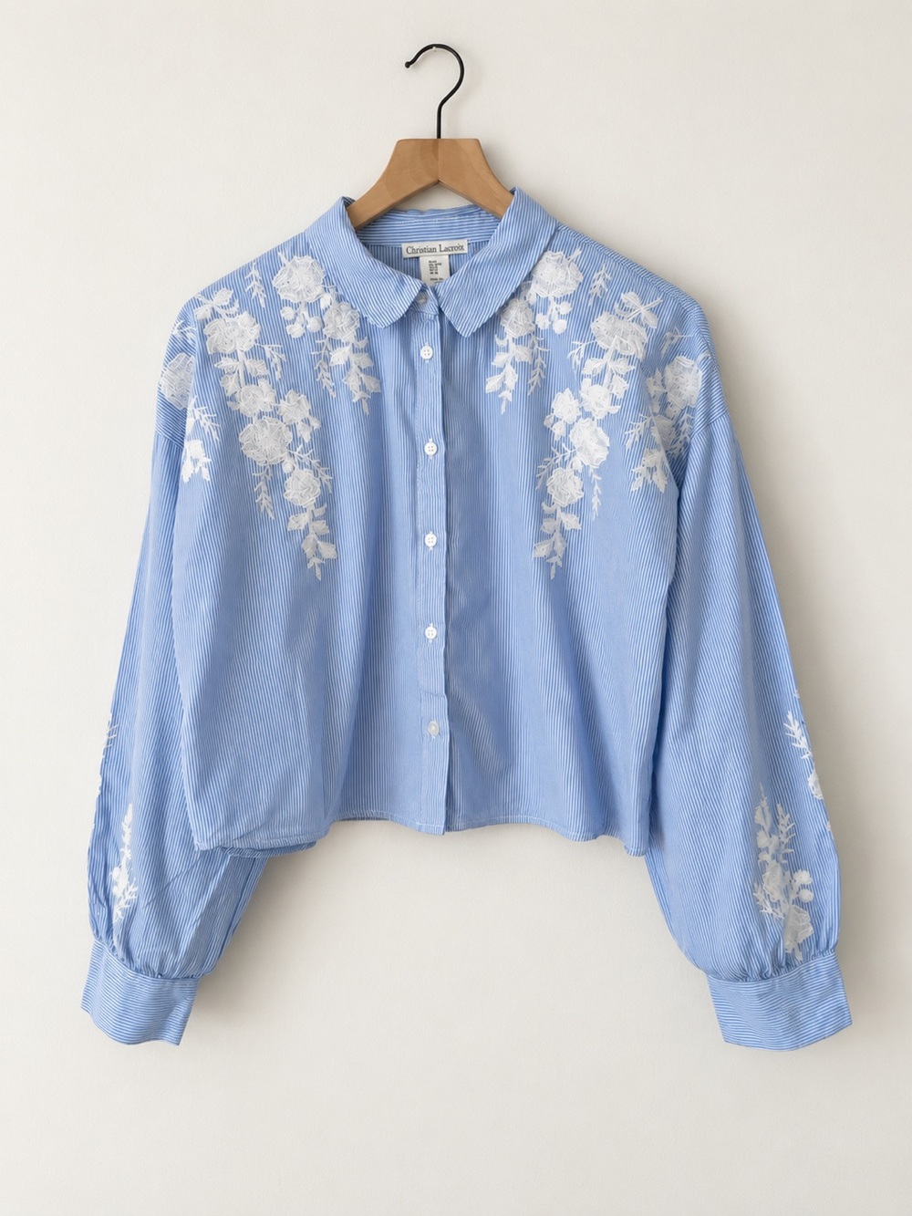 Christian Lacroix Blue Striped Embroidered Cropped Cotton Blouse Size M